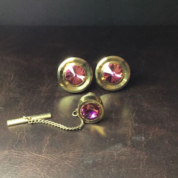 Vintage Cuff links and tie tack gold and hot pink - Picture 2 of 5